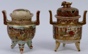 Two Japanese Satsuma porcelain twin handled koro, Meiji period. (2 items) 15.4 cm height, 13.2 cm