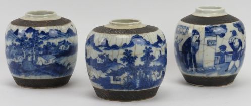 Three Chinese blue and white crackle glazed ginger jars, late 19th century. 13.5 cm tallest