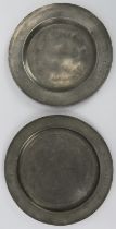 Two antique pewter plates from the ‘Escrick Park’ estate, mid 18th century. Both inscribed with