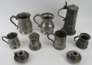 A group of pewter items, 19th century and earlier. See additional images for marks. (9 items)