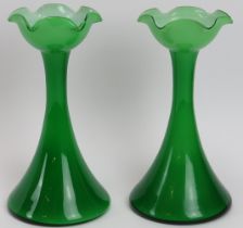 A pair of green opaline glass vases, 20th century. (2 items) 20 cm height. Condition report: Good