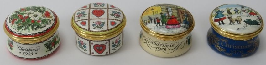 Four Halcyon Days enamelled boxes. (4 items) 4.3 cm diameter. Condition report: Light wear with age.