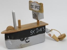 A John Maltby (b.1946) painted wood model of fishing boat named ’St Ives’. Signed beneath. 11.8 cm