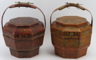 Two Chinese gilt lacquered wood picnic boxes, 20th century. 34 cm approximate height. Condition