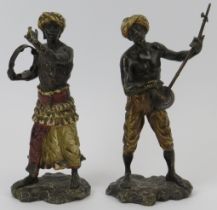 A pair of Franz Bergmann Austrian cold painted bronze Nubian musicians, early 20th century. (2