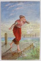 A French hand painted porcelain plaque depicting a female on a harbour quay, mid/late 19th