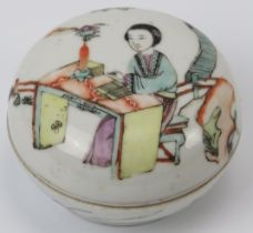 A Chinese famille rose enamelled porcelain jar and cover, 19th century. The cover depicting a lady