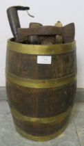 A small antique coopered oak barrel with brass banding. Together with a selection of six antique
