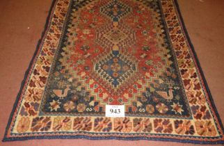 Early mid 20th Century Persian Yalameh rug, three interlocking central motifs on a burnt amber