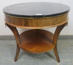 A stylish Regency period design side table, 20th century, the circular marble top on mahogany