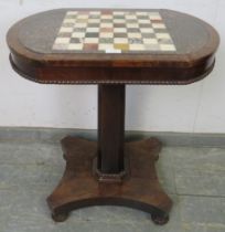 A good early Victorian mahogany pedestal games table stamped ‘Gillows’, the top with specimen marble