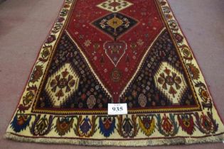 South West Persian Qashqai runner. Central 3 linked diamond motif cream/blue on red ground. 280cm