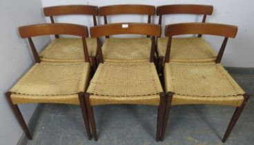 A set of six mid-century Danish teak dining chairs by Arne Hovmand Olsen for Mogens Kold, the curved