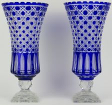 A large pair of Bohemian cobalt blue and clear cut glass vases, 20th century. (2 items) 43.2 cm
