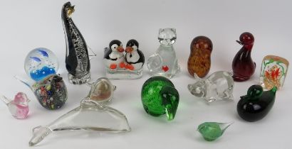 A group of British and European glass animal and bird figurines and paperweights. cm tallest height.