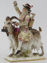 A Meissen porcelain figure of a tailor riding a goat modelled after Count von Bruhl, 19th century.