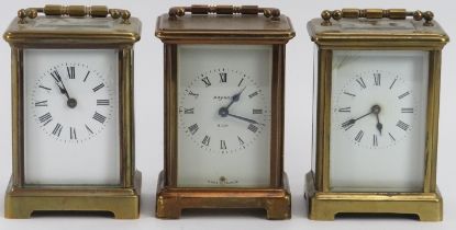 Three vintage brass carriage clocks, 20th century. (3 items) 12 cm tallest height. Condition report: