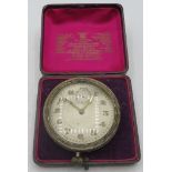 A white metal car clock, boxed, with invoice for June 2010 for £258. (Invoice with office).