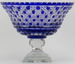 A large Bohemian cobalt blue and clear cut glass comport, 20th century. 23.6 cm height, 29.9 cm