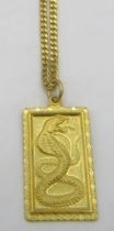 A Chinese gold snake ingot marked '999.9' on a gold link chain necklace marked '999.9', with hook
