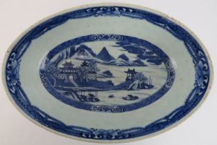 A Chinese blue and white porcelain oval bowl, 19th century. 29 cm length. Condition report: Some
