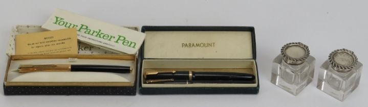 Three vintage Parker fountain pens and two English silver mounted glass inkwells. The inkwells