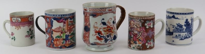 A group of five Chinese porcelain tankards, 18th century. (5 items) Imari tankard: 15.5 cm height.