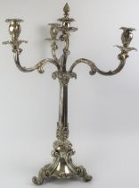 Militaria: A large Edwardian silver plated three branch candelabra. Inscribed ‘Presented to The