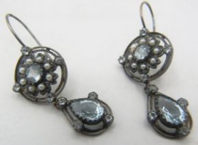 A pair of vintage style metal drop earrings set with topaz & seed pearls with fish hook fittings,
