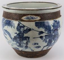 A Chinese blue and white crackle glazed jardiniere, 20th century. Depicting a continuous scene of