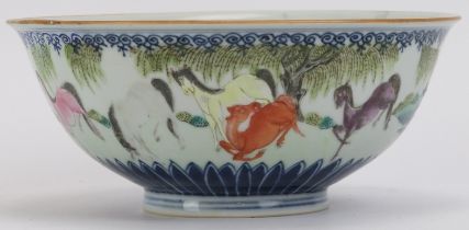 A Chinese ‘Eight Horses of Mu Wang’ polychrome porcelain bowl, 19th century. Six character