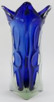 A Murano cobalt blue glass vase, mid 20th century. Of triangular form with concave decorative