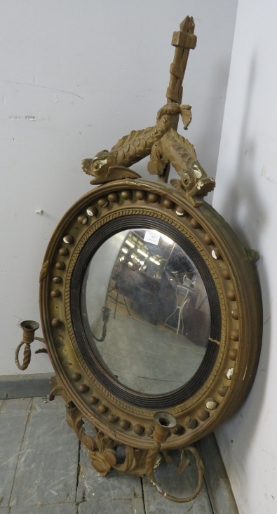 A Regency Period convex girandole wall mirror, within an ornate gilt gesso surround, the cornice - Image 2 of 4