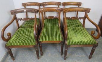 A set of six (4+2) William IV mahogany dining chairs, the carved backs above drop-in seat pads