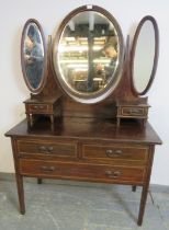 An Edwardian mahogany dressing table to match previous lot, parquetry strung and having triptych