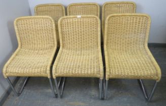 A set of six mid-century Italian dining chairs, the cantilever tubular chrome frames with woven