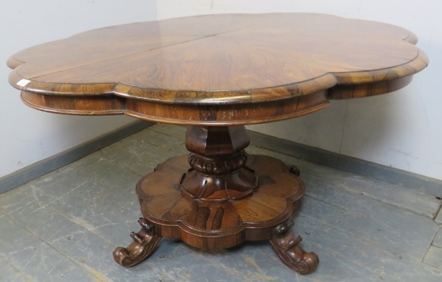 A Victorian rosewood tilt-top breakfast table, the top with lobed edge, on a bulbous octagonal - Image 2 of 3