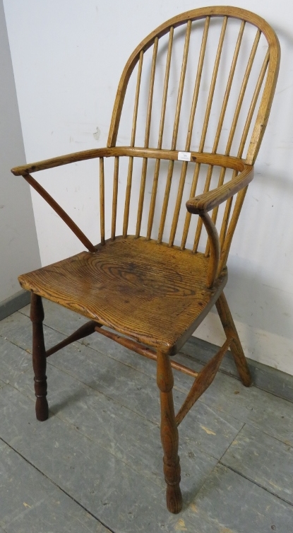 An 18th century ash hoop back Windsor chair of good colour, on turned supports with an ‘H’ - Image 2 of 3