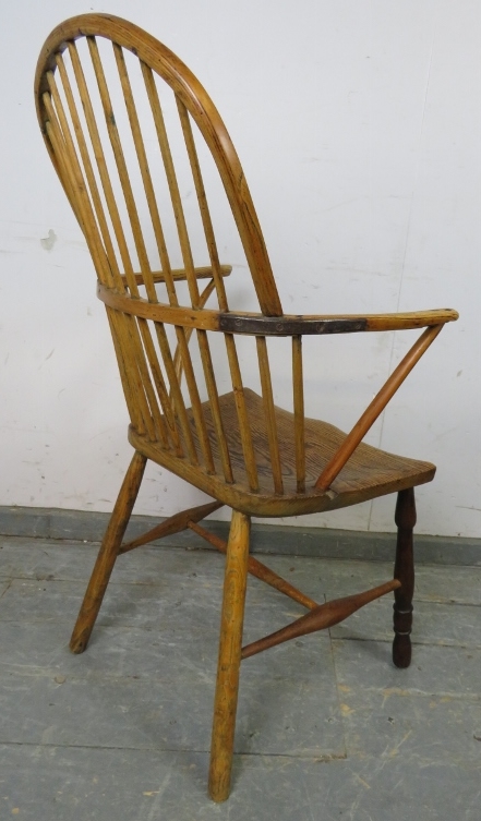 An 18th century ash hoop back Windsor chair of good colour, on turned supports with an ‘H’ - Image 3 of 3