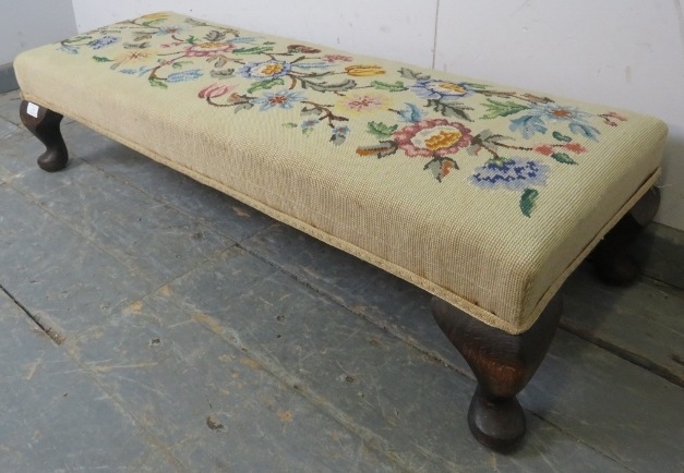 An antique tapestry long footstool, on fruitwood ogee supports. c1920. H23cm W100cm D36cm ( - Image 2 of 3