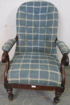 A late Georgian Cuban mahogany open-sided armchair, reupholstered in chequered blue woollen