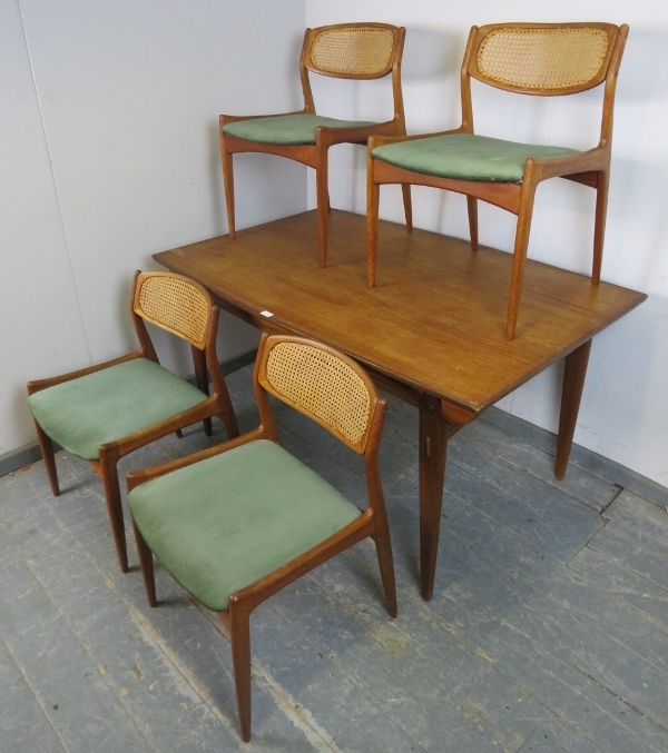 A mid-century Danish teak draw-leaf extending dining table by Kofod Larsen, on tapered supports with - Image 3 of 5