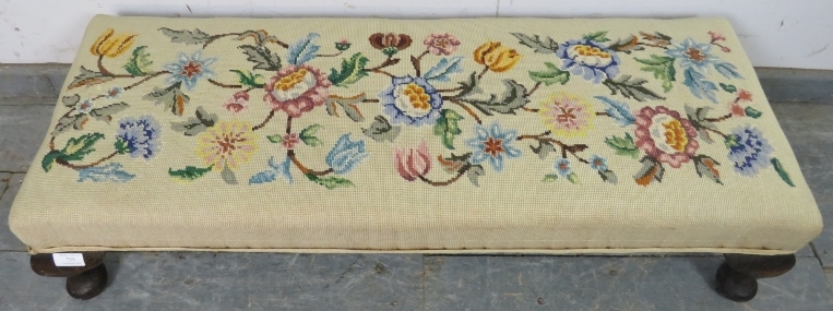 An antique tapestry long footstool, on fruitwood ogee supports. c1920. H23cm W100cm D36cm ( - Image 3 of 3