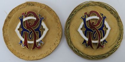 Two Buffalo Lodge cloisonné enamelled gilt metal badges. Mounted on leather. (2 items) 7.9 cm