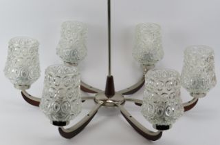 A vintage six branch chandelier, circa 1960/70s. With moulded clear glass shades. 70 cm