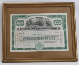 A Gulf Mobile and Ohio Railroad Company share certificate dated 1943. Framed and glazed. Frame: 32