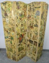 A Victorian four-section folding screen with applied decoupage decoration depicting a multitude of