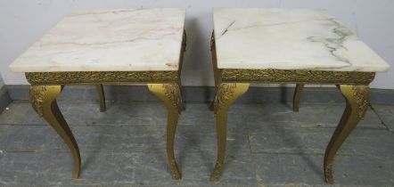 A pair of vintage giltwood side tables, having loose white marble tops, on bases with friezes