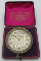 A white metal car clock, boxed, with invoice for June 2010 for £258. (Invoice with office).