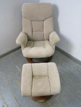 A reclining and swivel contemporary lounge chair in the manner of Ekornes, upholstered in grey